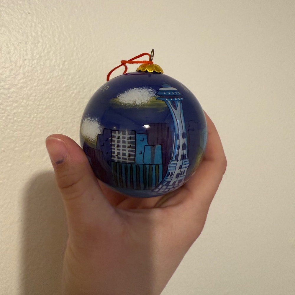 Urban Seattle Skyline Blue Holiday Ornament hand painted vintage